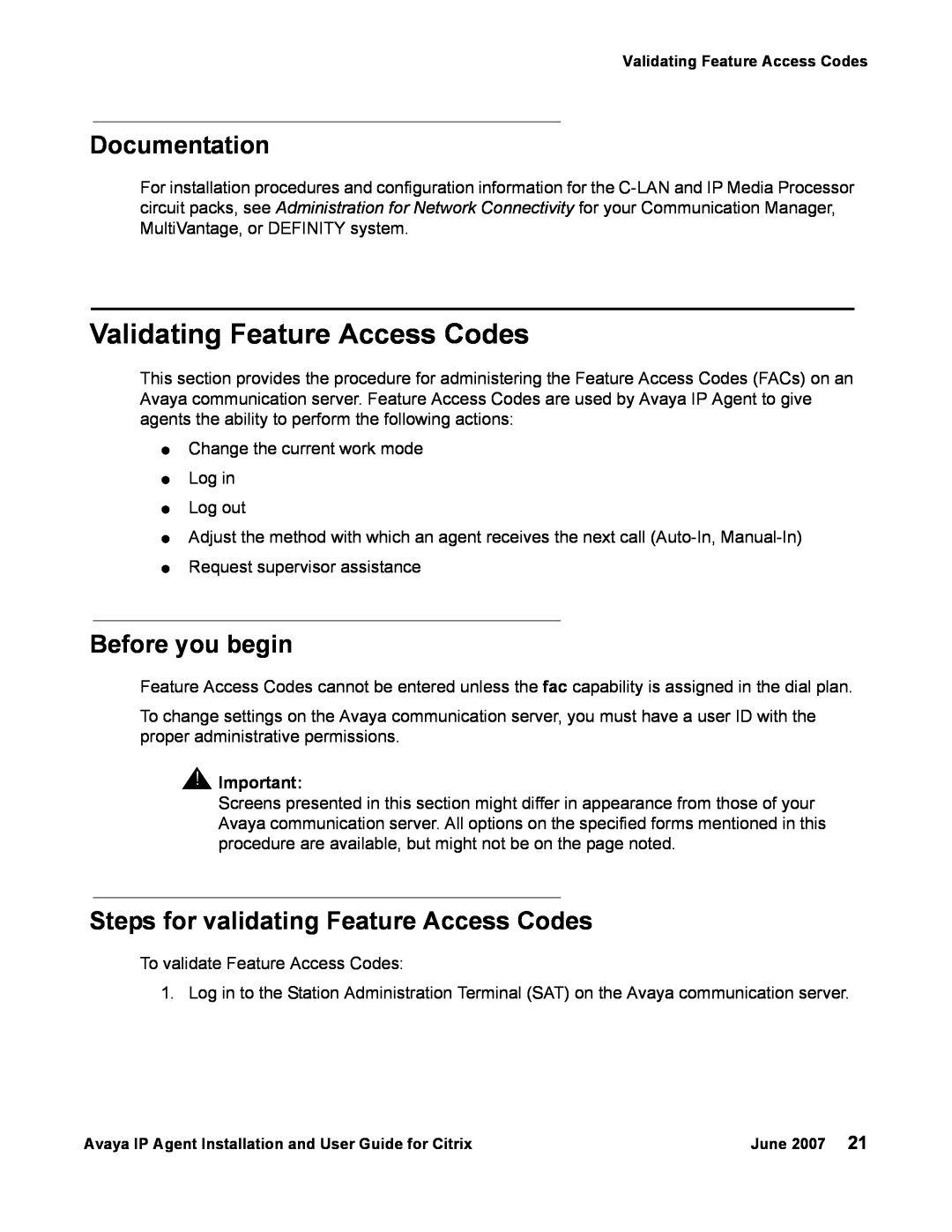 Avaya 7 manual Validating Feature Access Codes, Documentation, Before you begin, Steps for validating Feature Access Codes 