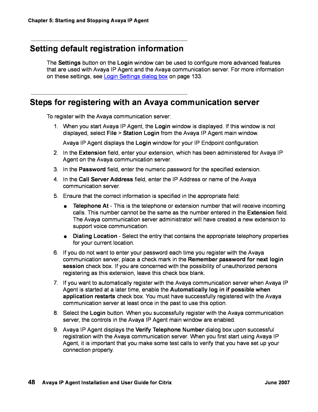 Avaya 7 manual Setting default registration information, Steps for registering with an Avaya communication server 