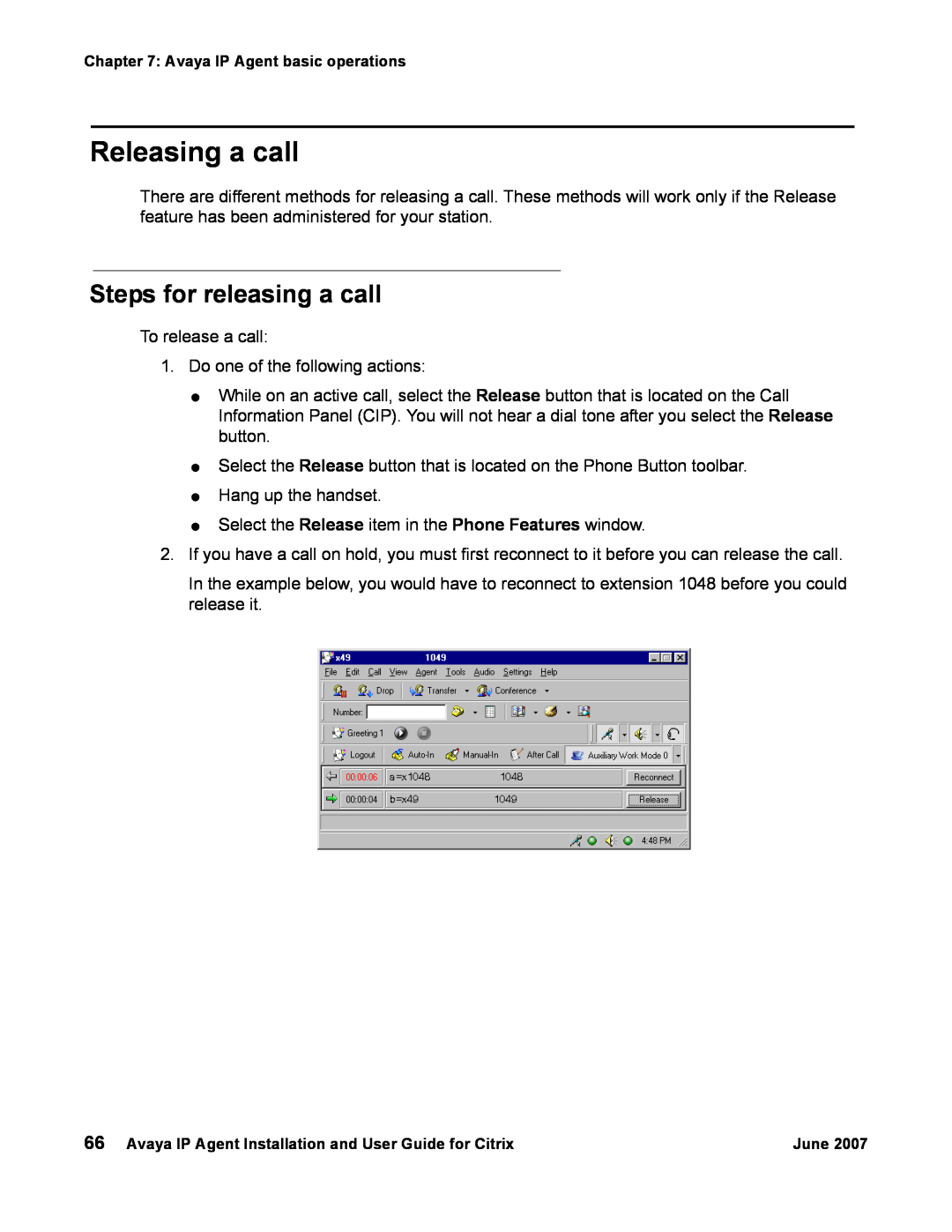 Avaya 7 manual Releasing a call, Steps for releasing a call 