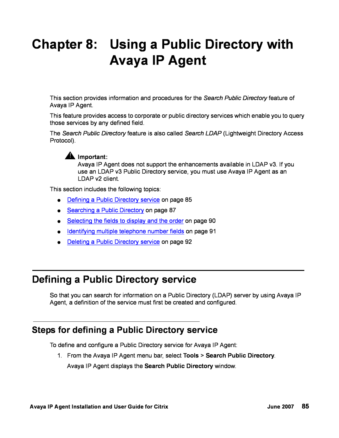 Avaya 7 manual Using a Public Directory with Avaya IP Agent, Defining a Public Directory service 