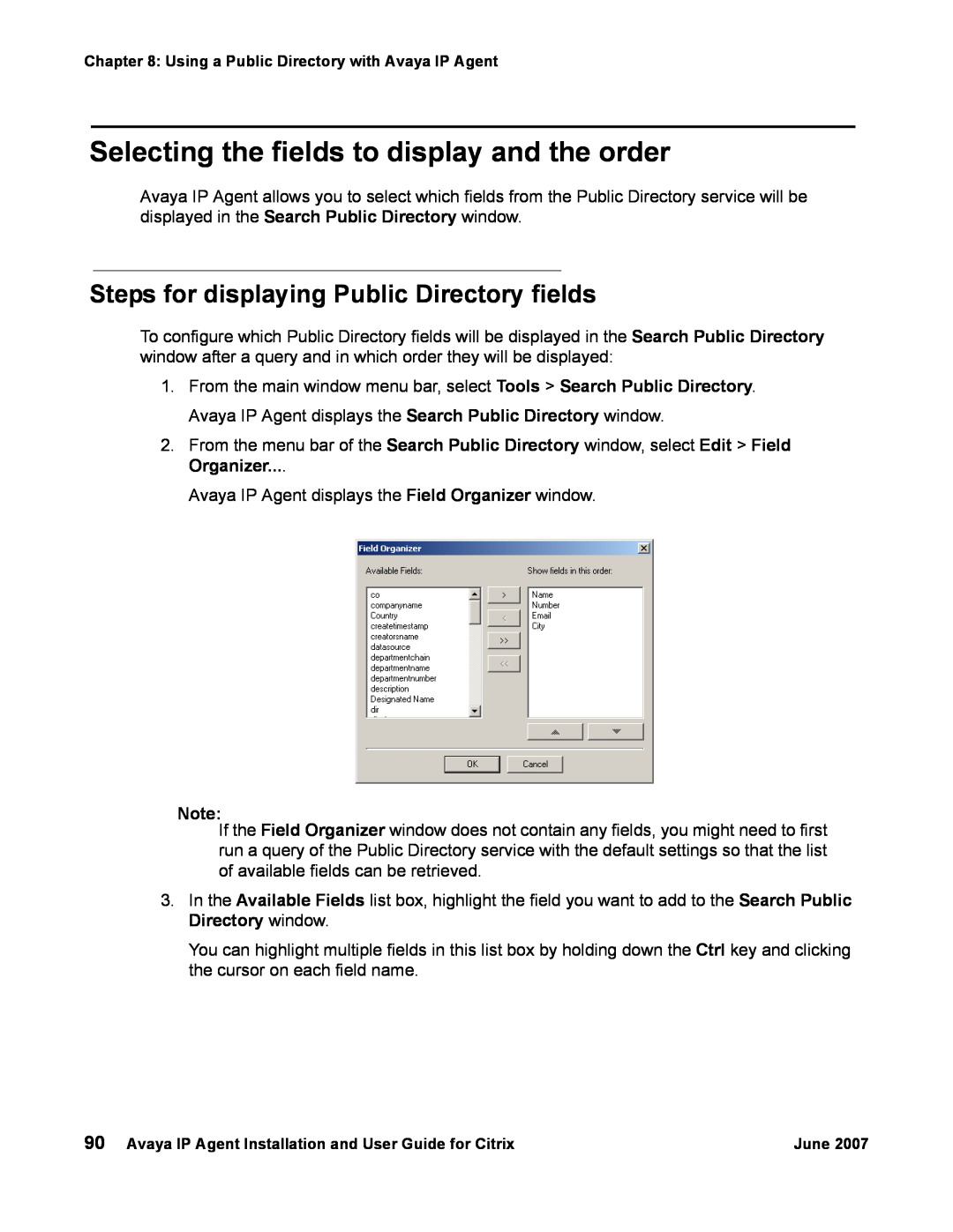 Avaya 7 manual Selecting the fields to display and the order, Steps for displaying Public Directory fields 