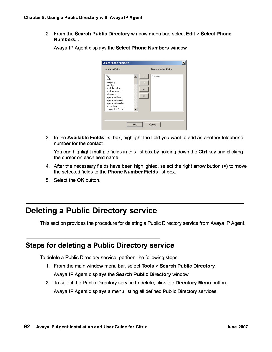 Avaya 7 manual Deleting a Public Directory service, Steps for deleting a Public Directory service 