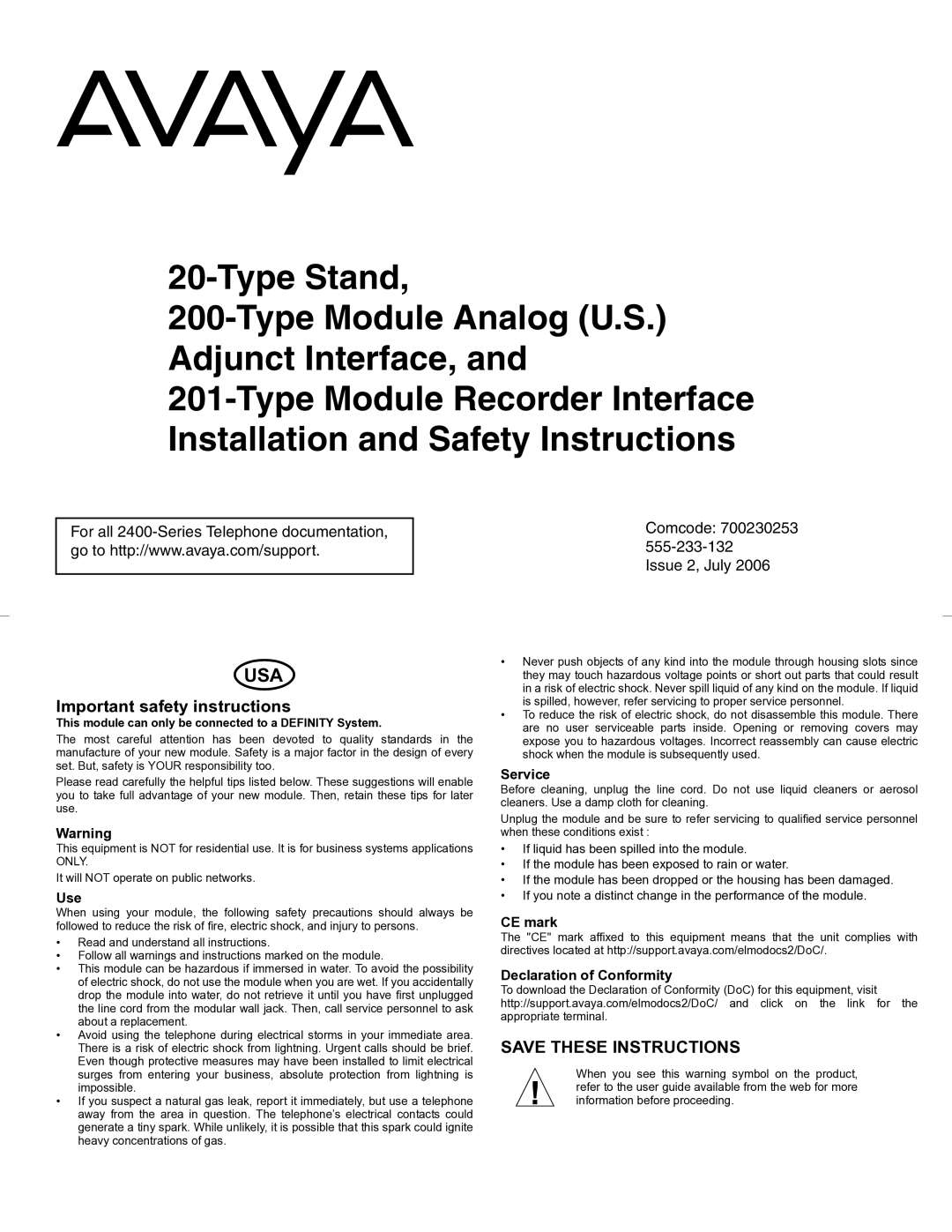 Avaya 700230253 important safety instructions Important safety instructions, Use, Service 