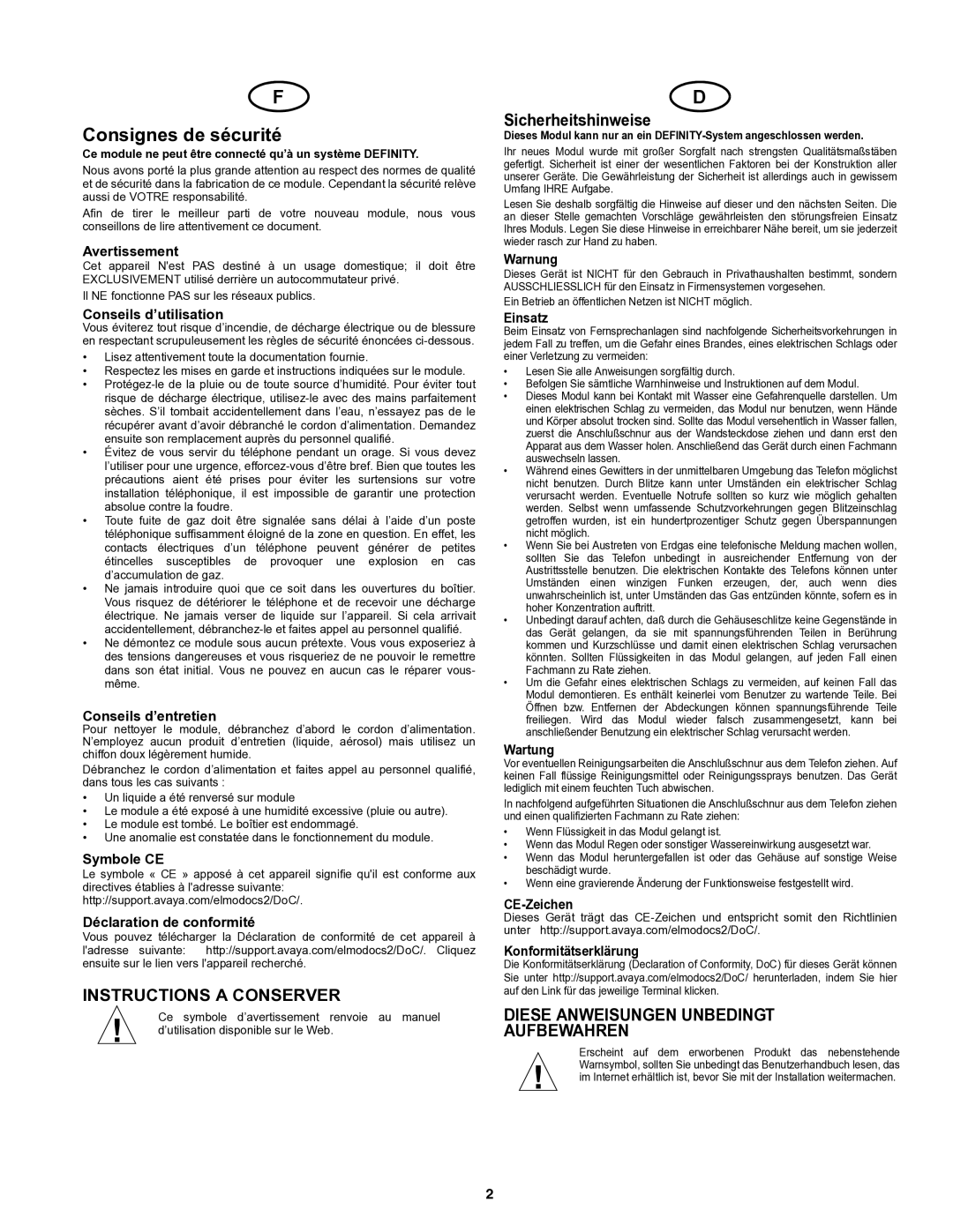 Avaya 700230253 important safety instructions Consignes de sécurité, Instructions a Conserver, Sicherheitshinweise 