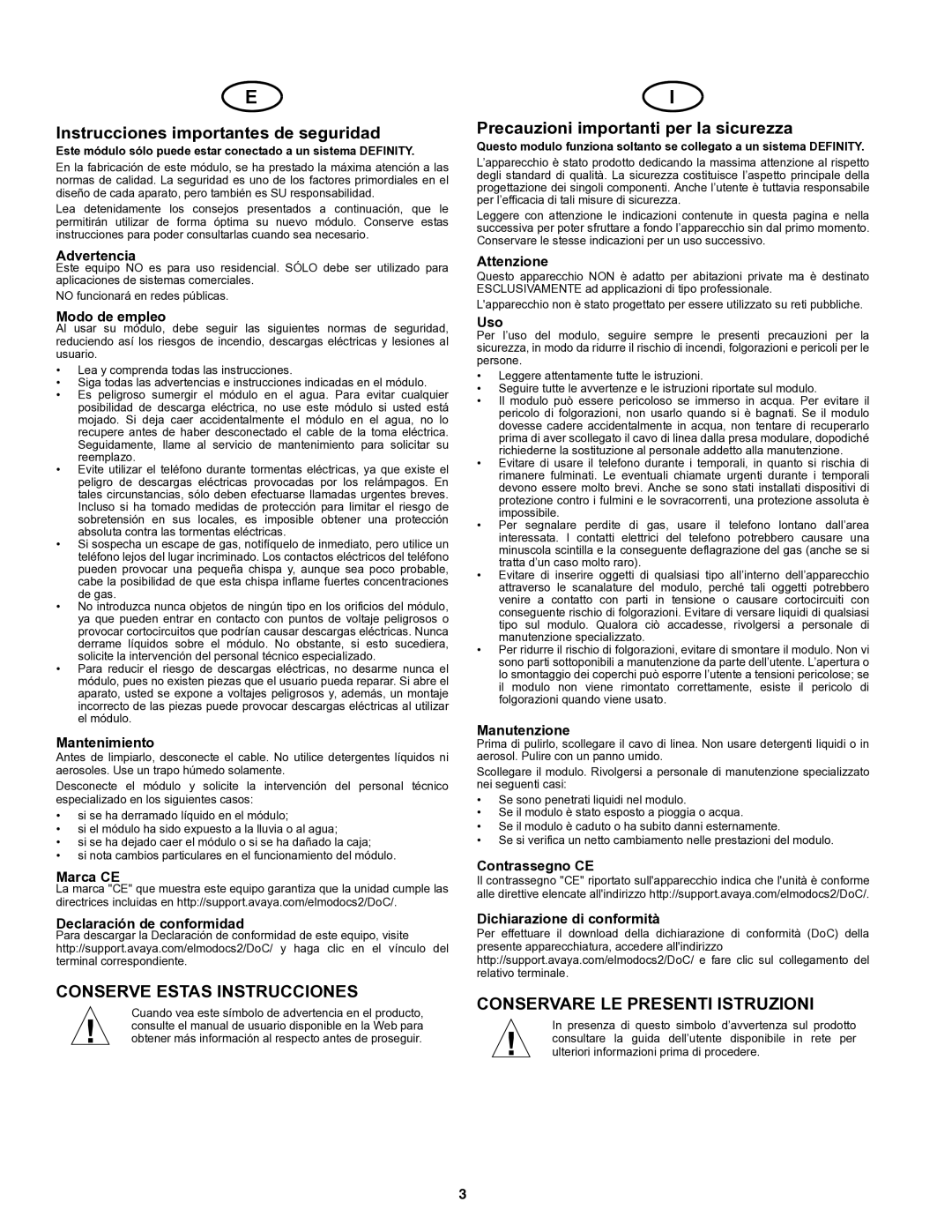 Avaya 700230253 Instrucciones importantes de seguridad, Conserve Estas Instrucciones, Conservare LE Presenti Istruzioni 