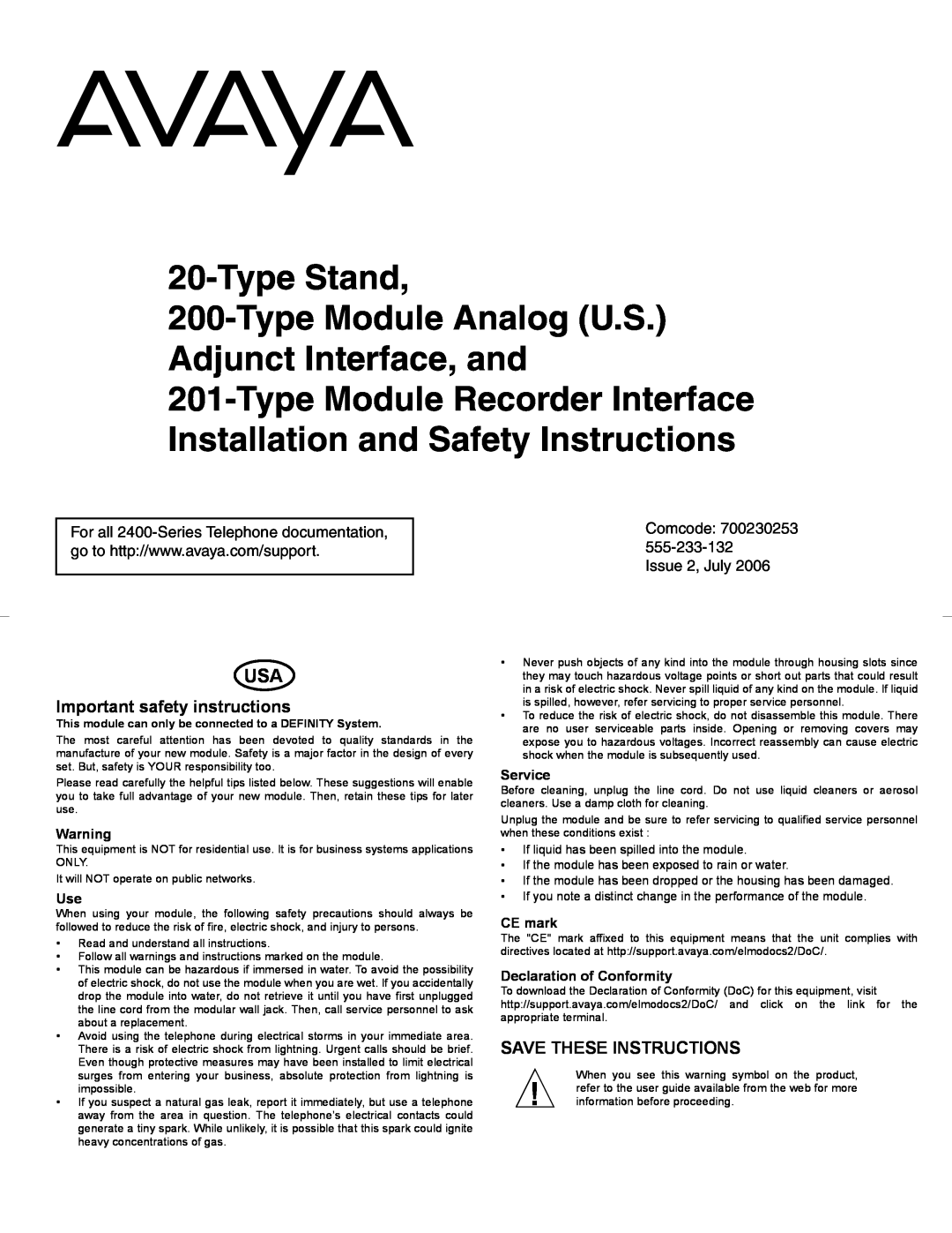 Avaya 700230253 important safety instructions Important safety instructions, Save These Instructions 
