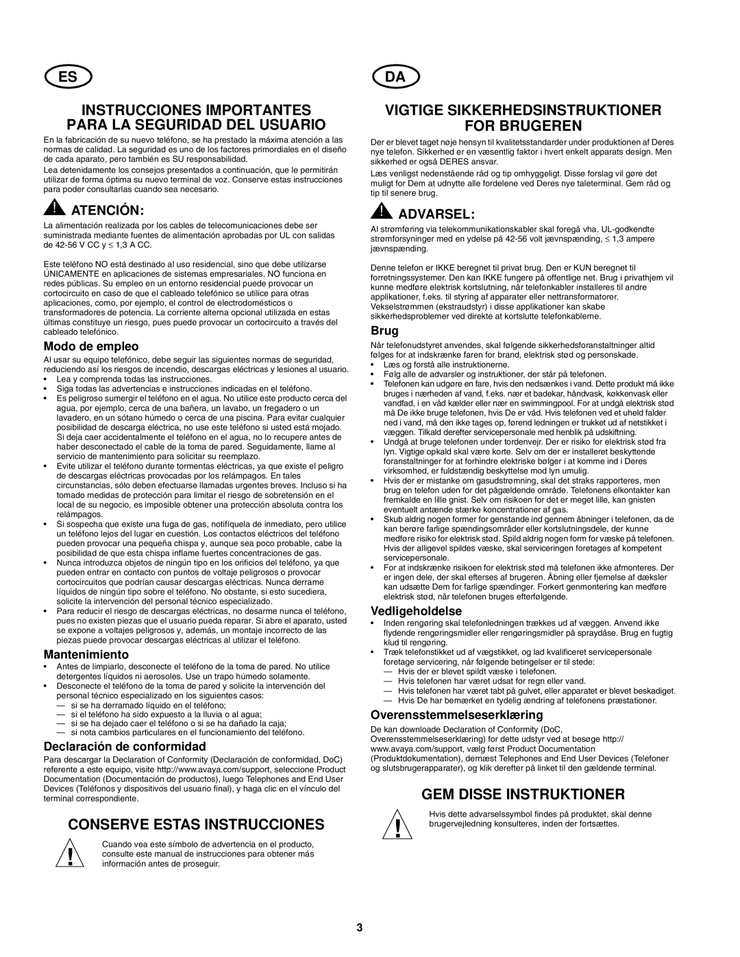 Avaya 700289937 Instrucciones Importantes Para LA Seguridad DEL Usuario, Conserve Estas Instrucciones, Atención 