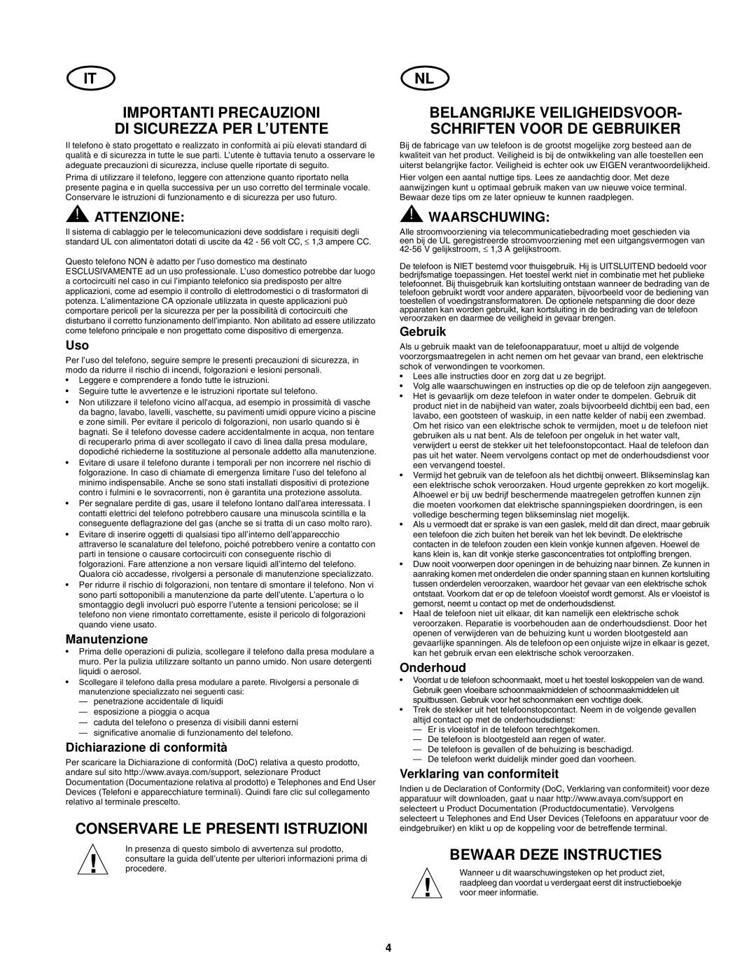 Avaya 555-233-168, 700289937 Importanti Precauzioni DI Sicurezza PER L’UTENTE, Conservare LE Presenti Istruzioni 