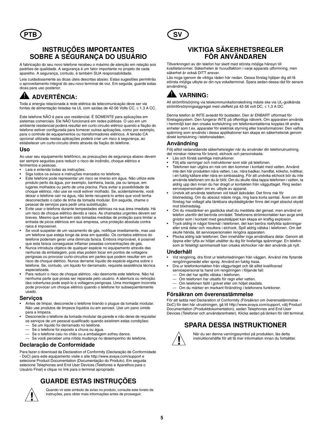 Avaya 2400 Series, 700289937, 555-233-168 PTB Instruções Importantes Sobre a Segurança do Usuário, Guarde Estas Instruções 