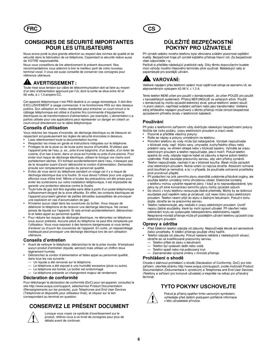 Avaya 700289937, 555-233-168 FRC Consignes DE Sécurité Importantes Pour LES Utilisateurs, Conservez LE Présent Document 