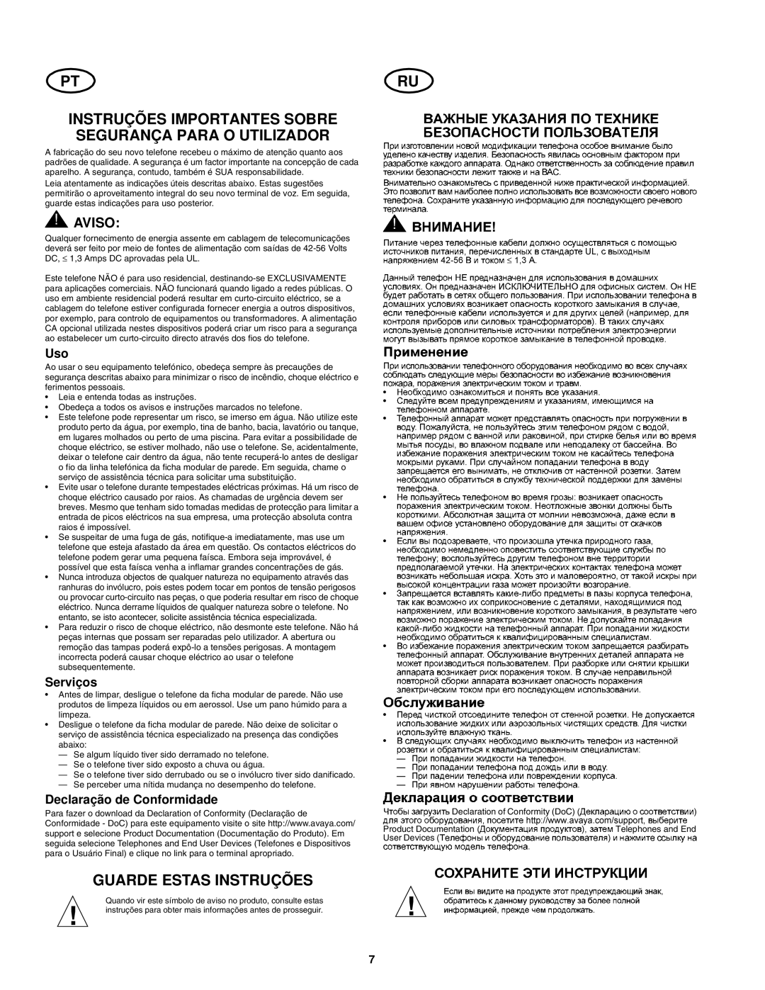 Avaya 555-233-168, 700289937, 2400 Series user service Instruções Importantes Sobre Segurança Para O Utilizador, Aviso 