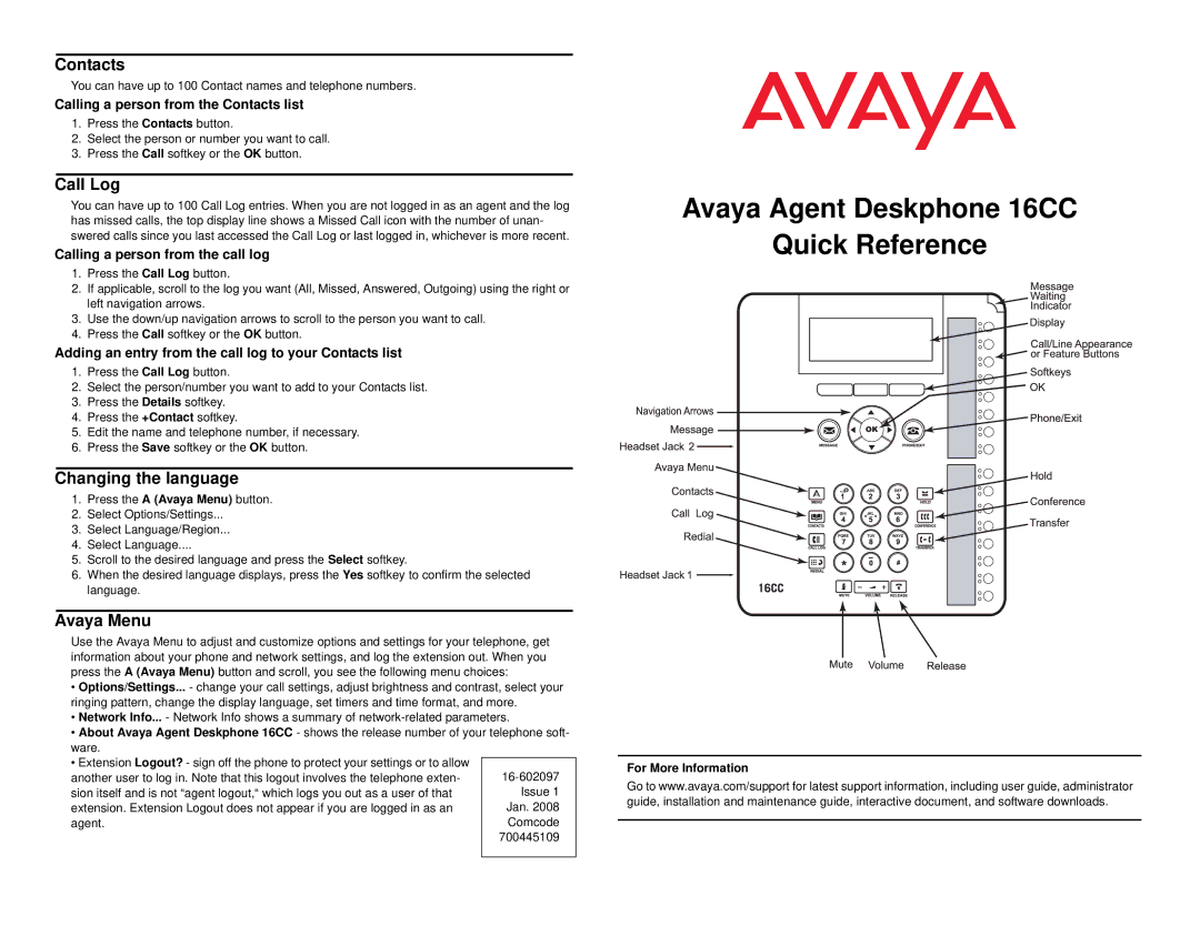 Avaya 700445109 manual Contacts, Call Log, Changing the language, Avaya Menu 