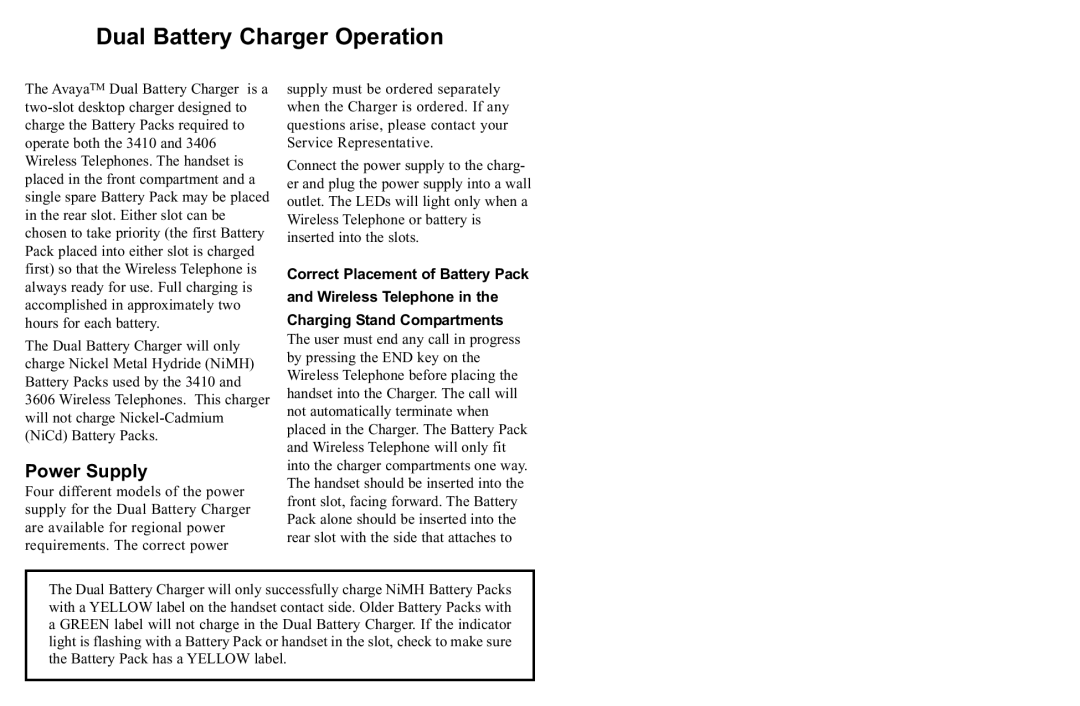 Avaya 72-0079-20 manual Dual Battery Charger Operation, Power Supply 