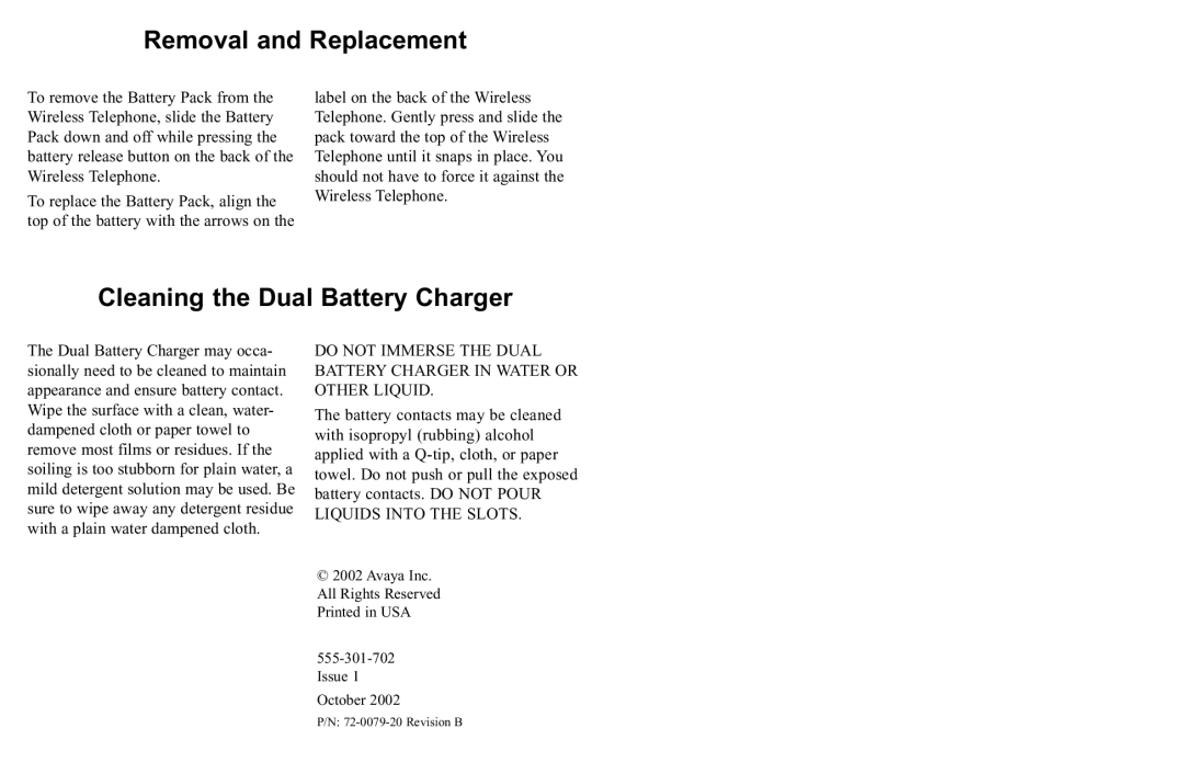 Avaya 72-0079-20 manual Removal and Replacement, Cleaning the Dual Battery Charger 