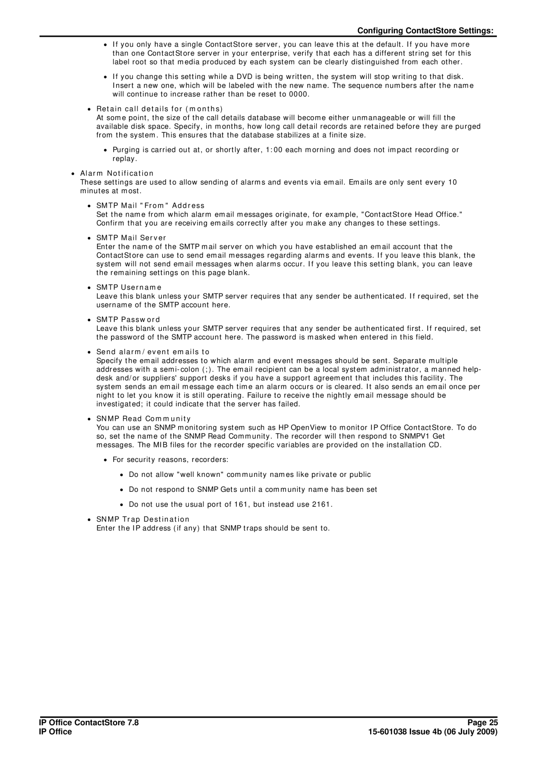 Avaya 7.8 manual ∙ Retain call details for months, ∙ Alarm Notification, ∙ Smtp Mail From Address, ∙ Smtp Mail Server 