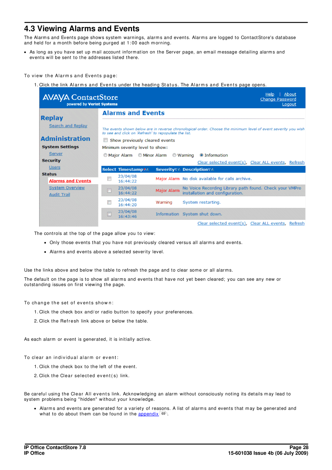 Avaya 7.8 manual Viewing Alarms and Events, To view the Alarms and Events, To change the set of events shown 