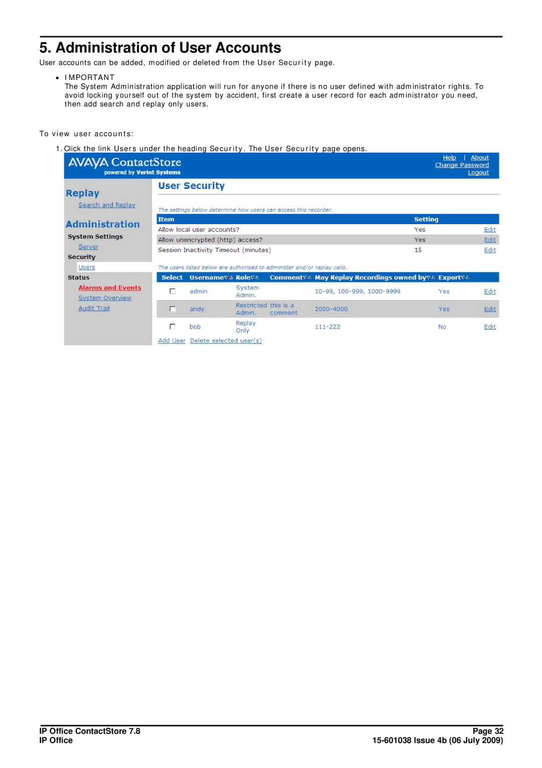 Avaya 7.8 manual Administration of User Accounts, To view user accounts 