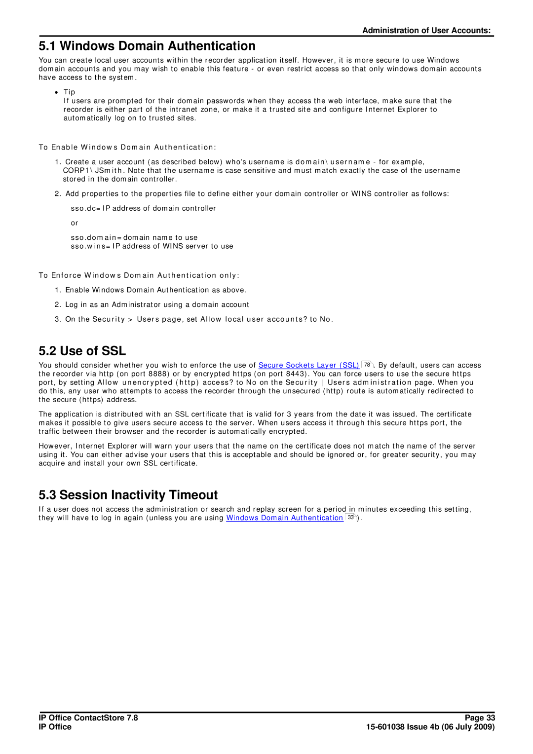 Avaya 7.8 manual Windows Domain Authentication, Use of SSL, Session Inactivity Timeout 