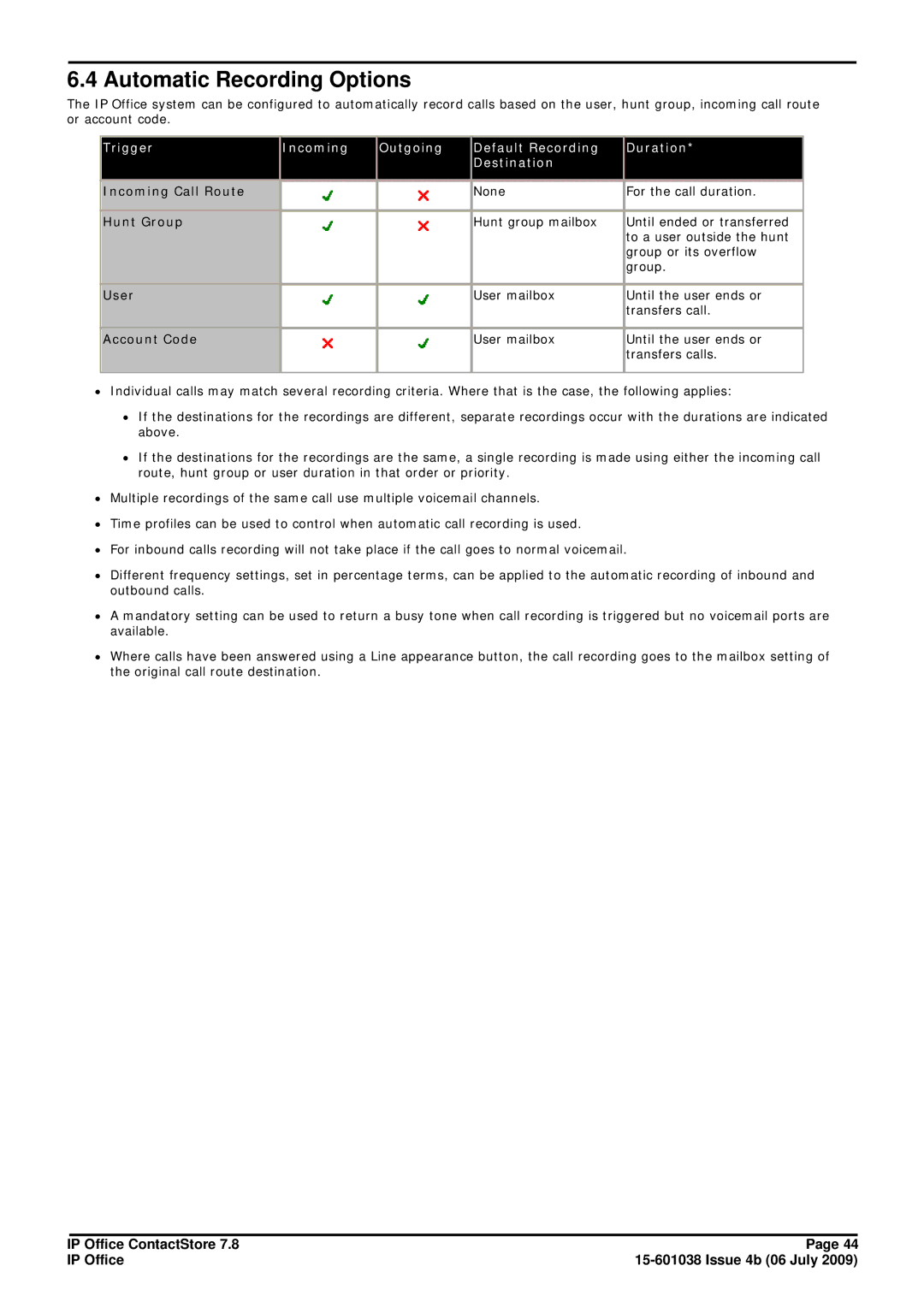 Avaya 7.8 manual Automatic Recording Options, Incoming Call Route, Hunt Group, User, Account Code 