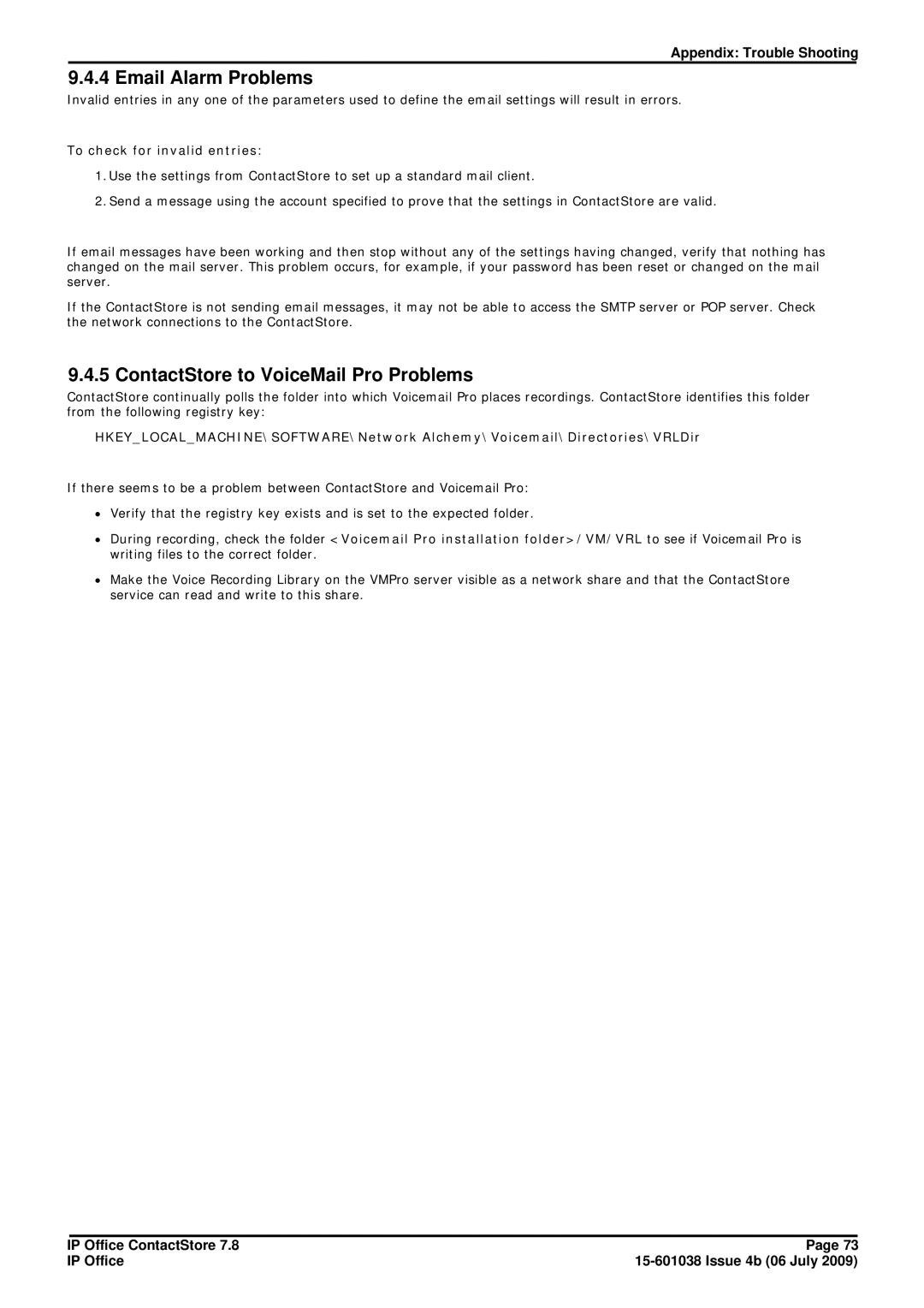 Avaya 7.8 manual Email Alarm Problems, ContactStore to VoiceMail Pro Problems, To check for invalid entries 