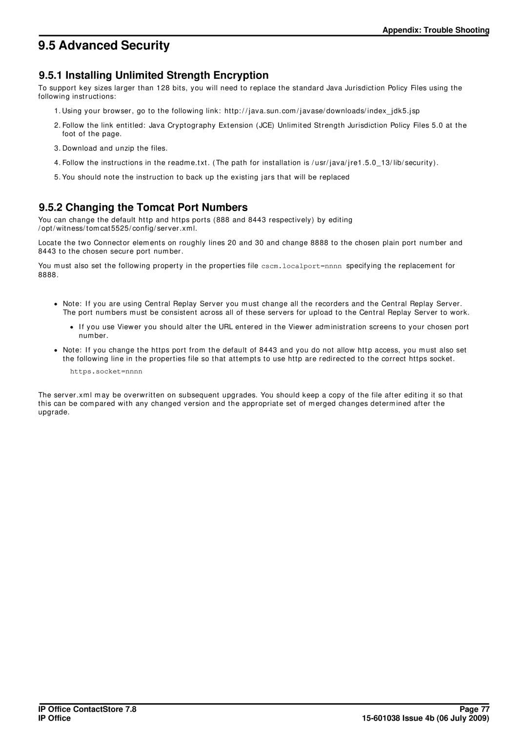 Avaya 7.8 manual Advanced Security, Installing Unlimited Strength Encryption, Changing the Tomcat Port Numbers 