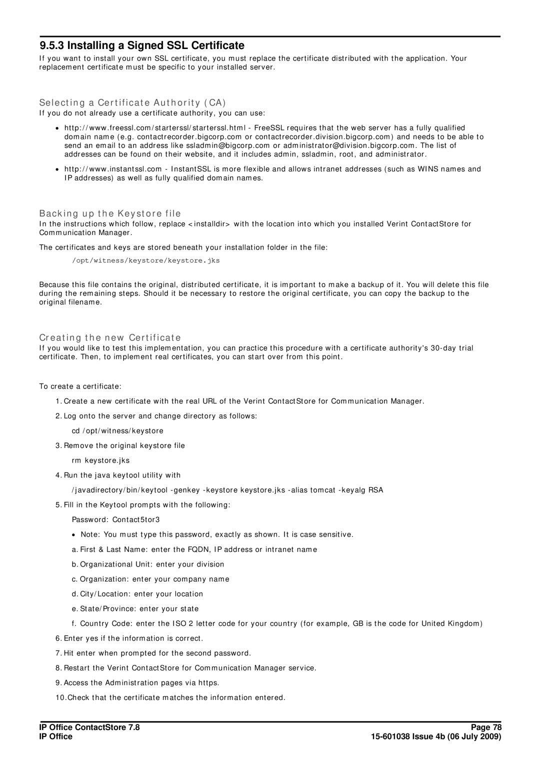 Avaya 7.8 manual Installing a Signed SSL Certificate, Selecting a Certificate Authority CA, Backing up the Keystore file 