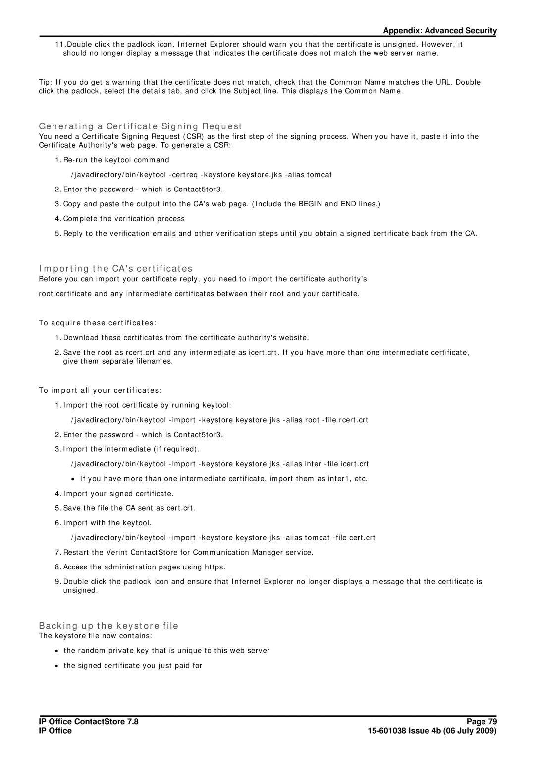 Avaya 7.8 manual Generating a Certificate Signing Request, Importing the CAs certificates, To acquire these certificates 