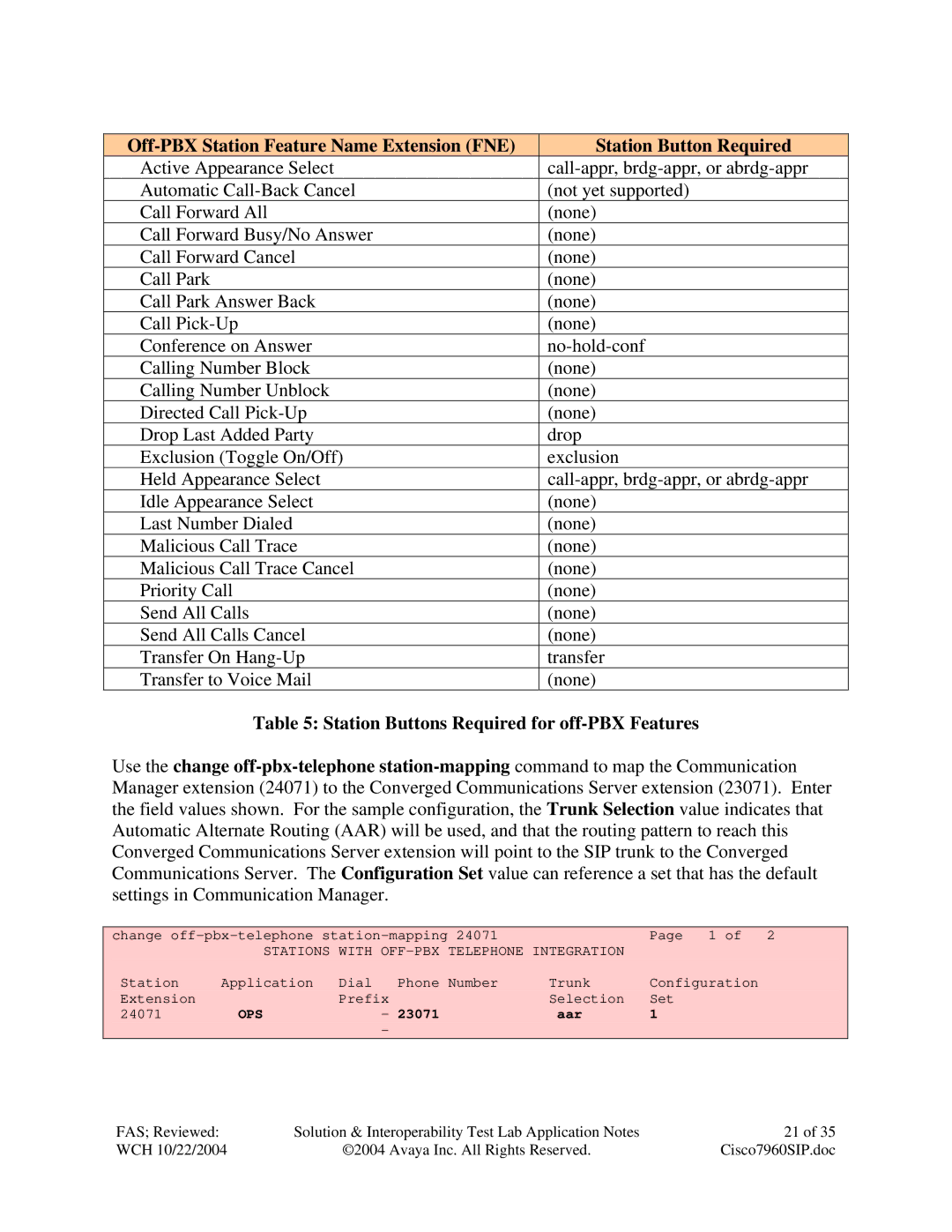 Avaya 7940, 7960 manual Station Buttons Required for off-PBX Features, Stations with OFF-PBX Telephone Integration 