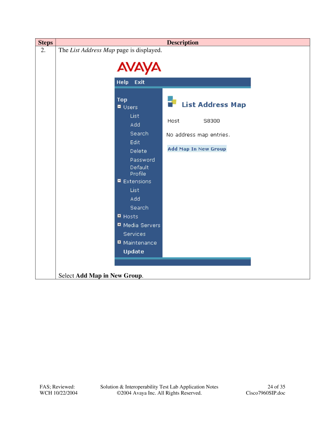 Avaya 7960, 7940 manual Select Add Map in New Group 