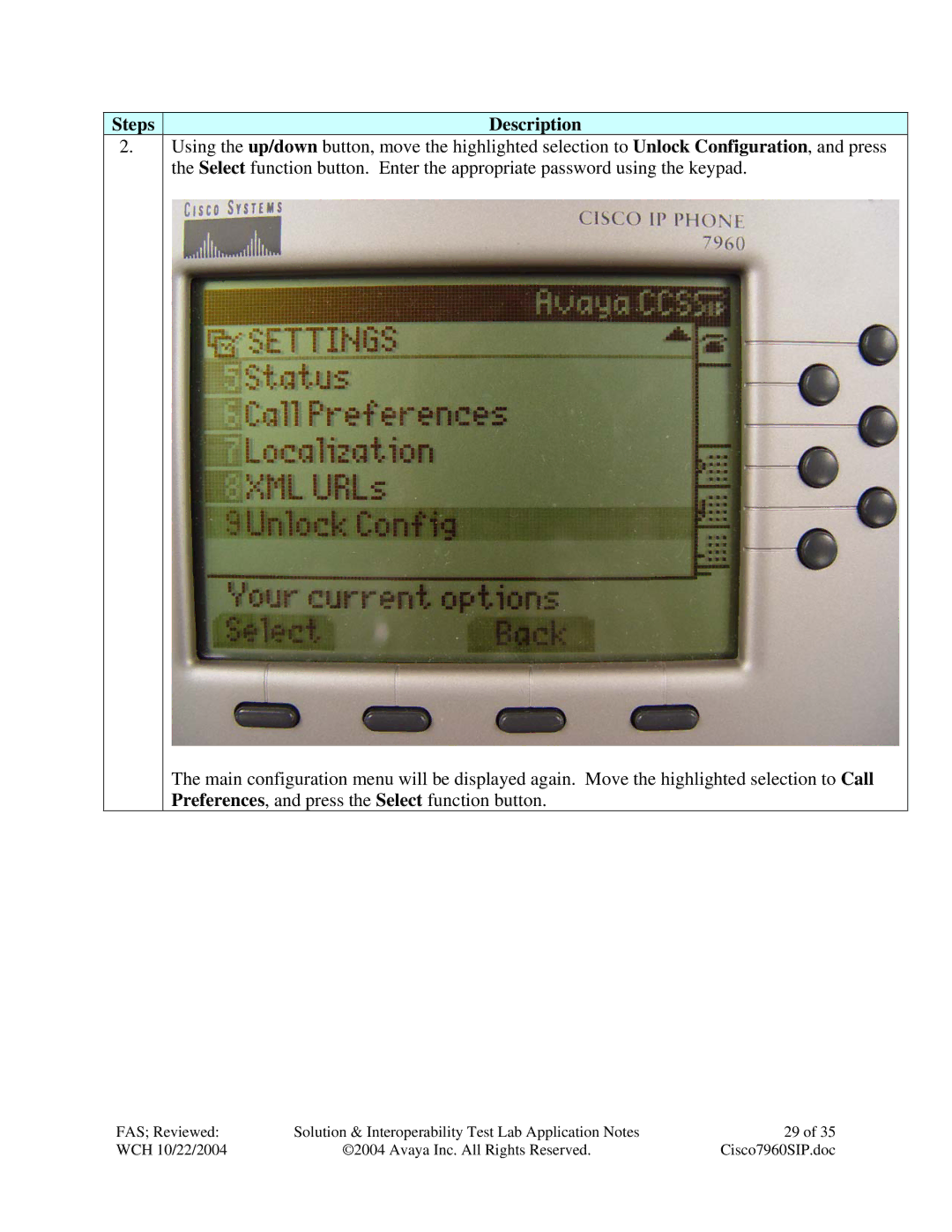 Avaya 7940, 7960 manual Steps Description 