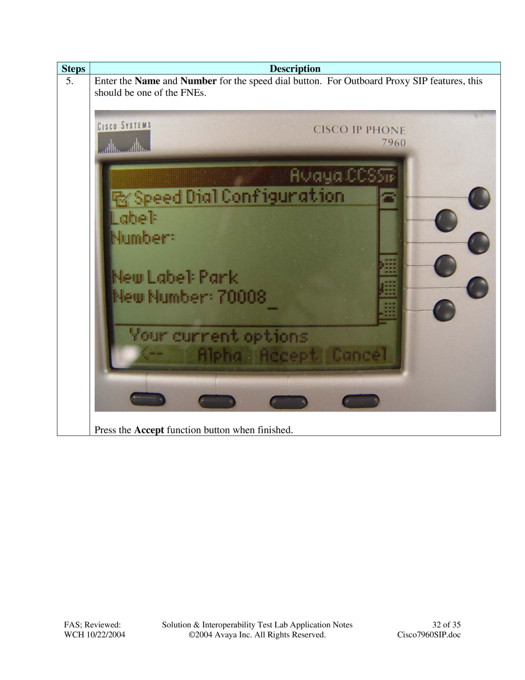 Avaya 7960, 7940 manual Steps Description 