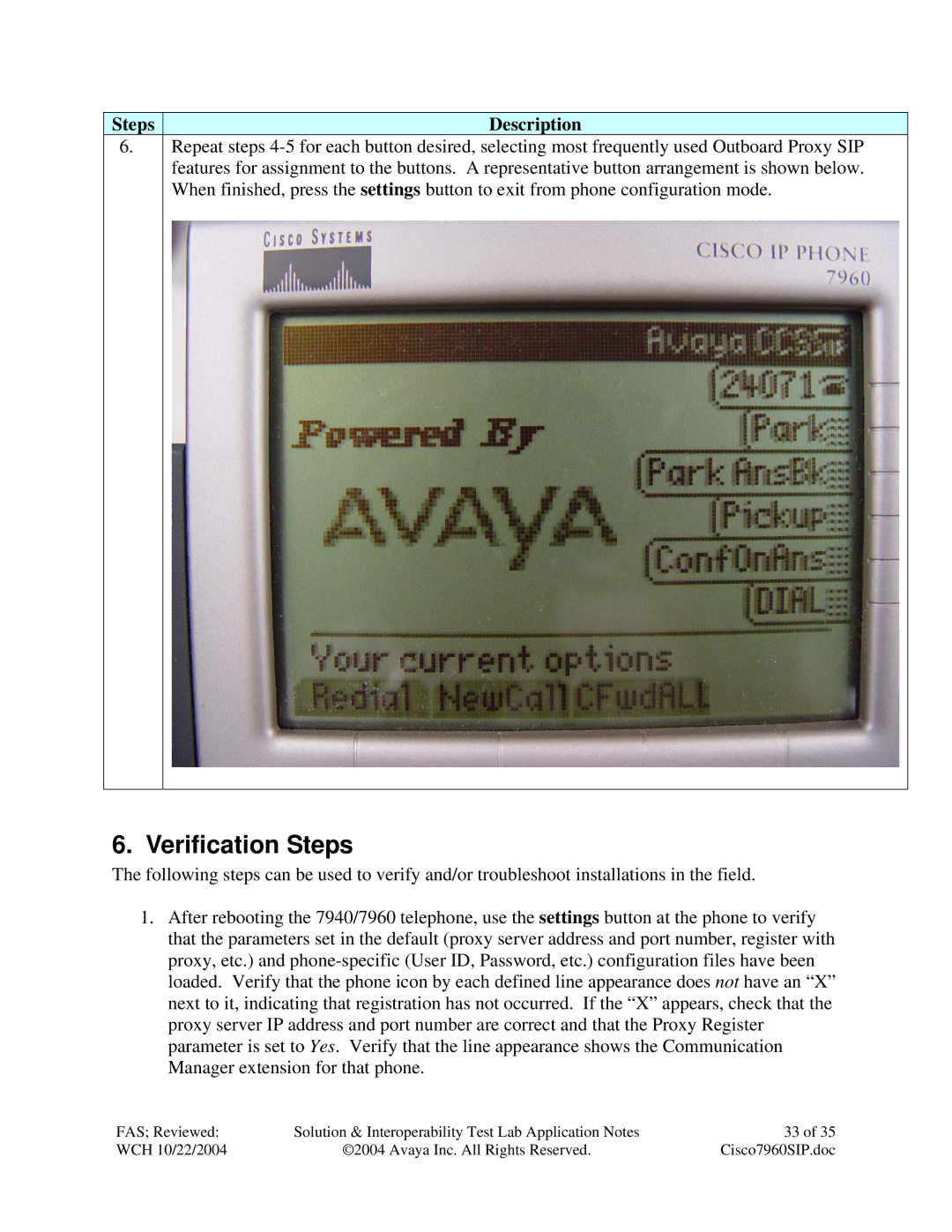 Avaya 7940, 7960 manual Verification Steps 