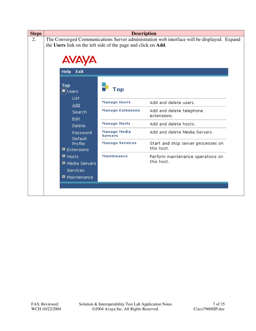 Avaya 7940, 7960 manual Steps Description 