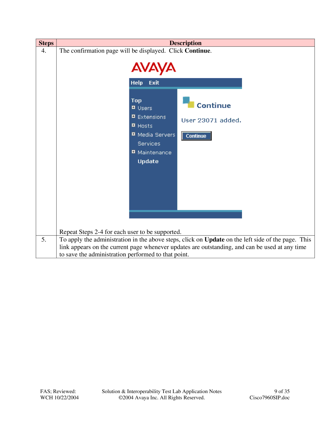 Avaya 7940, 7960 manual Steps Description 