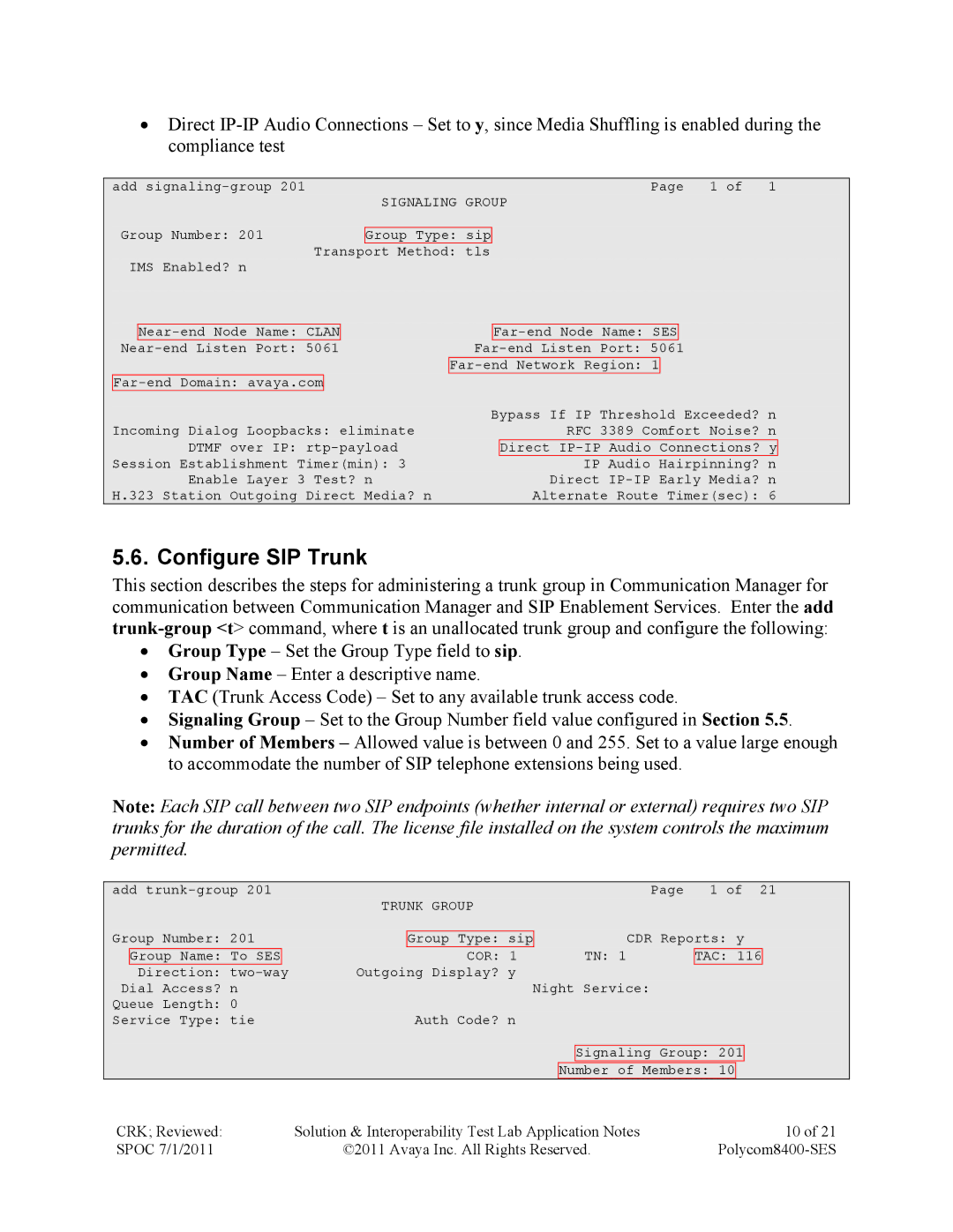 Avaya 8400-SES manual Configure SIP Trunk, Signaling Group, Trunk Group 