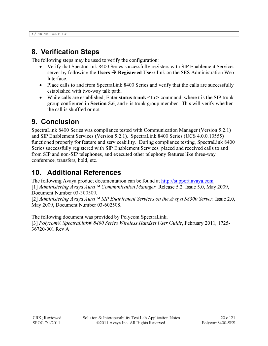 Avaya 8400-SES manual Verification Steps, Conclusion, Additional References, Phoneconfig 