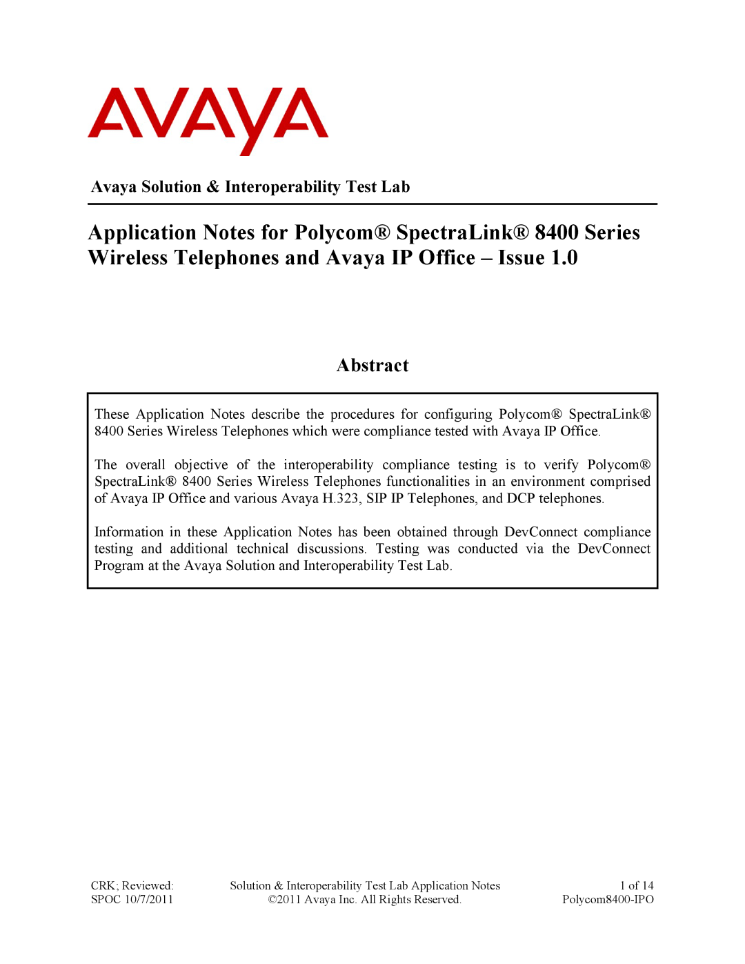 Avaya 8400 manual Abstract 