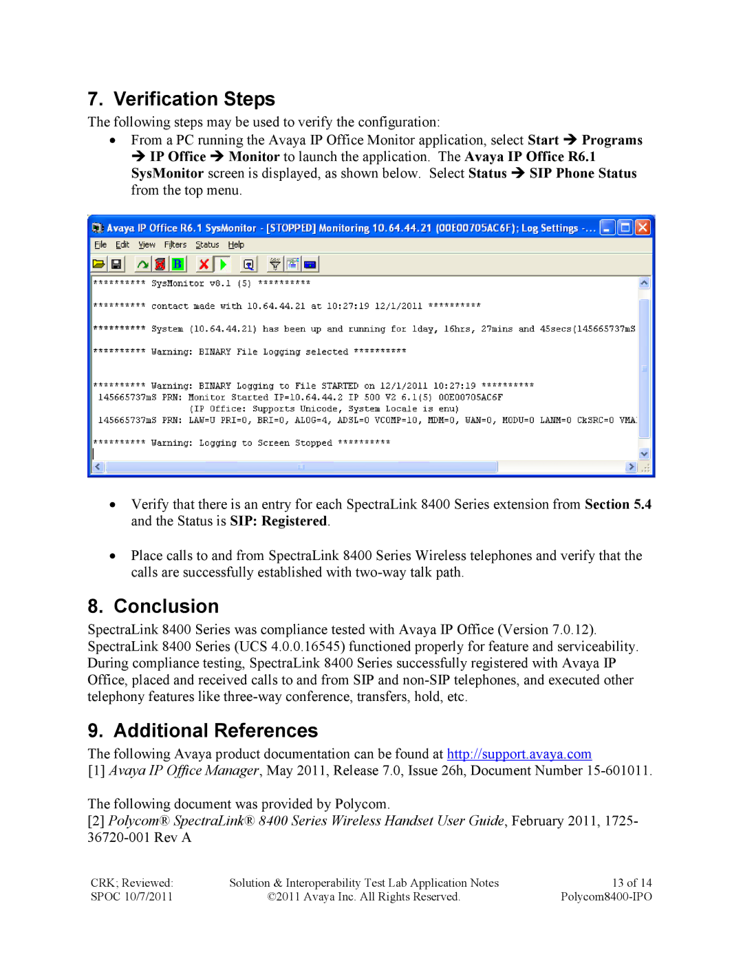 Avaya 8400 manual Verification Steps, Conclusion, Additional References 