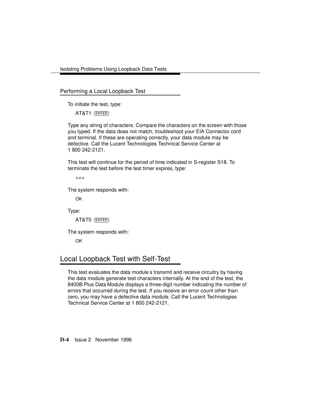 Avaya 8400B Plus manual Local Loopback Test with Self-Test, Performing a Local Loopback Test 