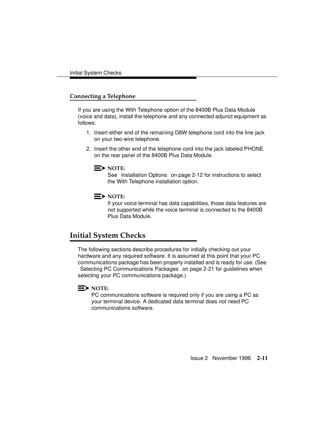 Avaya 8400B Plus manual Initial System Checks, Connecting a Telephone 