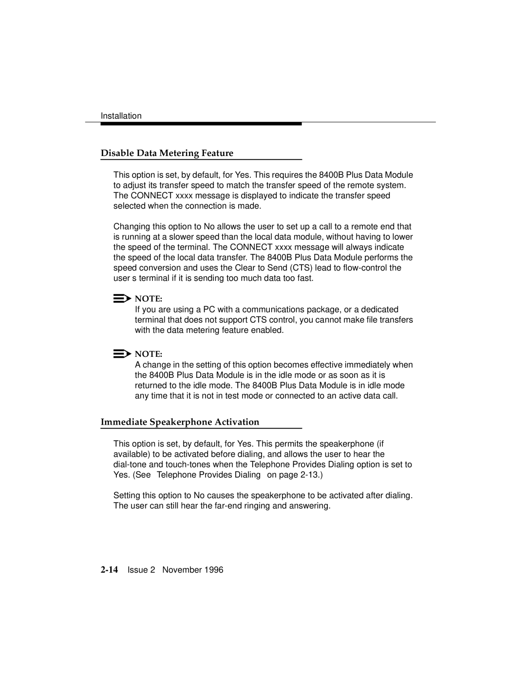 Avaya 8400B Plus manual Disable Data Metering Feature, Immediate Speakerphone Activation 