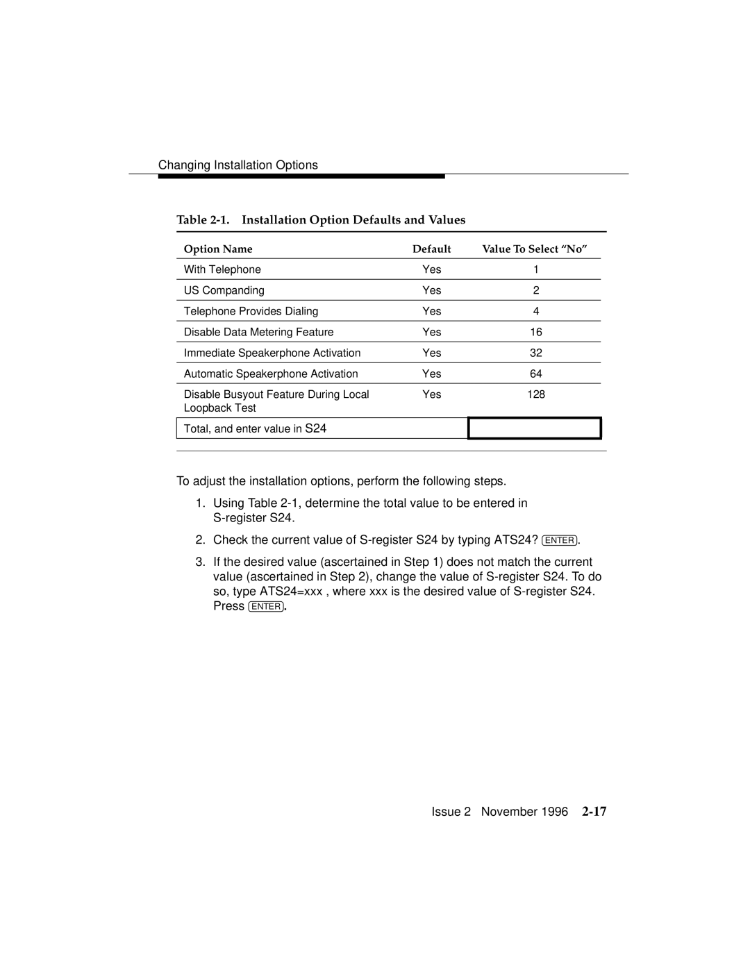 Avaya 8400B Plus manual Installation Option Defaults and Values, Option Name Default Value To Select No 