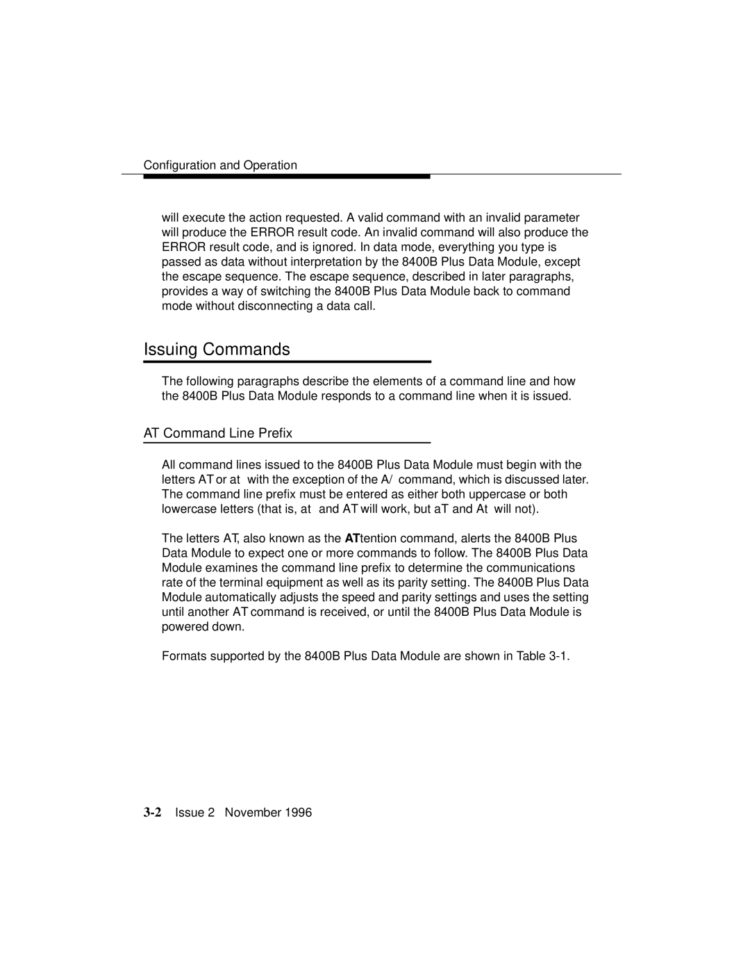 Avaya 8400B Plus manual Issuing Commands, AT Command Line Prefix 