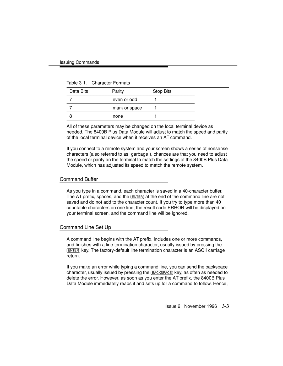 Avaya 8400B Plus manual Command Buffer, Command Line Set Up, Character Formats Data Bits Parity Stop Bits 