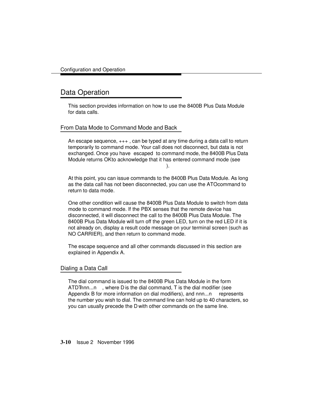 Avaya 8400B Plus manual Data Operation, From Data Mode to Command Mode and Back, Dialing a Data Call 