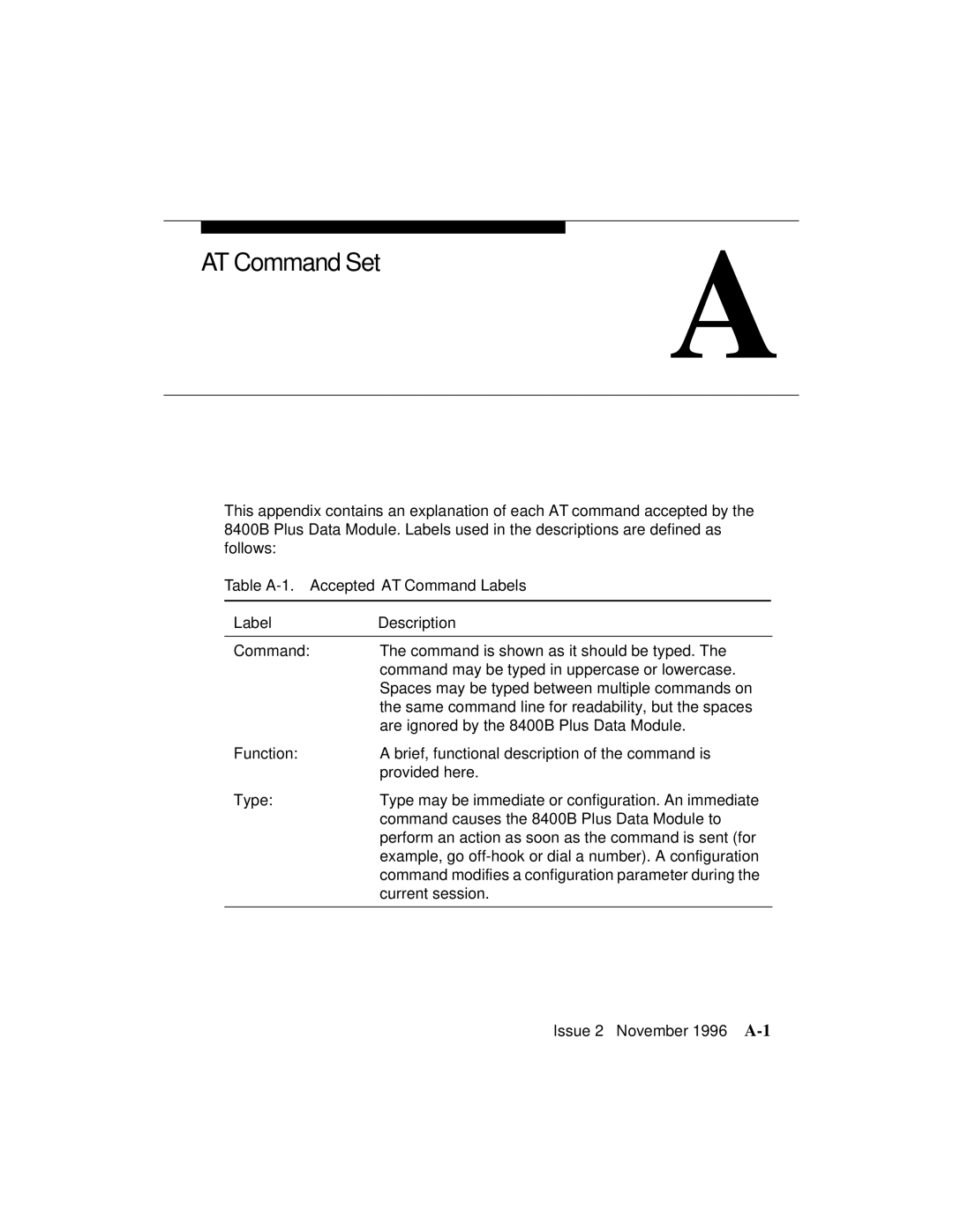 Avaya 8400B Plus manual AT Command Set, Table A-1. Accepted AT Command Labels Description 