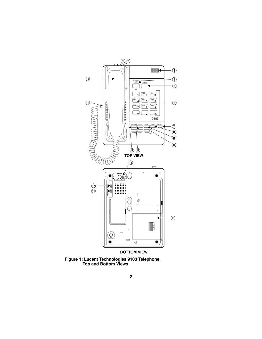 Avaya manual Lucent Technologies 9103 Telephone, Top and Bottom Views 