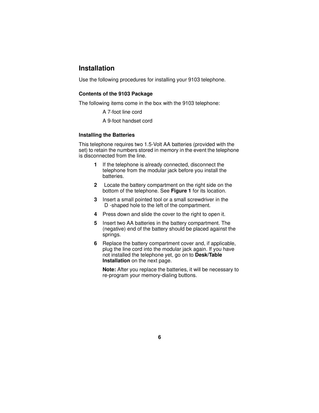 Avaya manual Installation, Contents of the 9103 Package, Installing the Batteries 