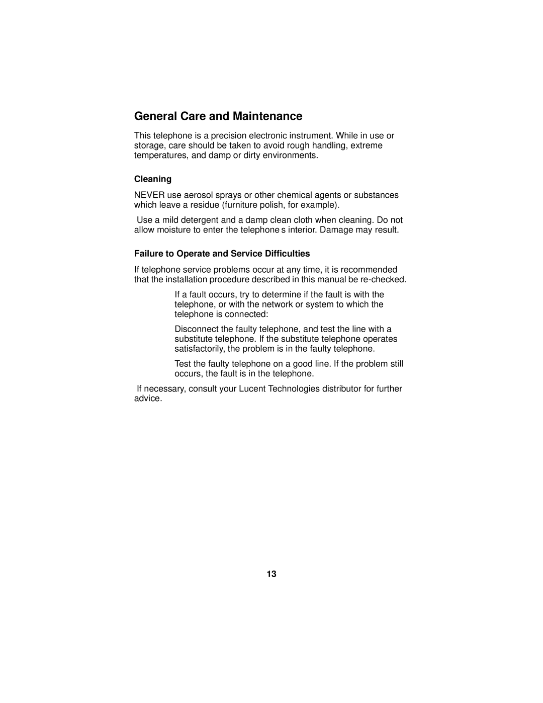 Avaya 9103 manual General Care and Maintenance, Cleaning, Failure to Operate and Service Difficulties 