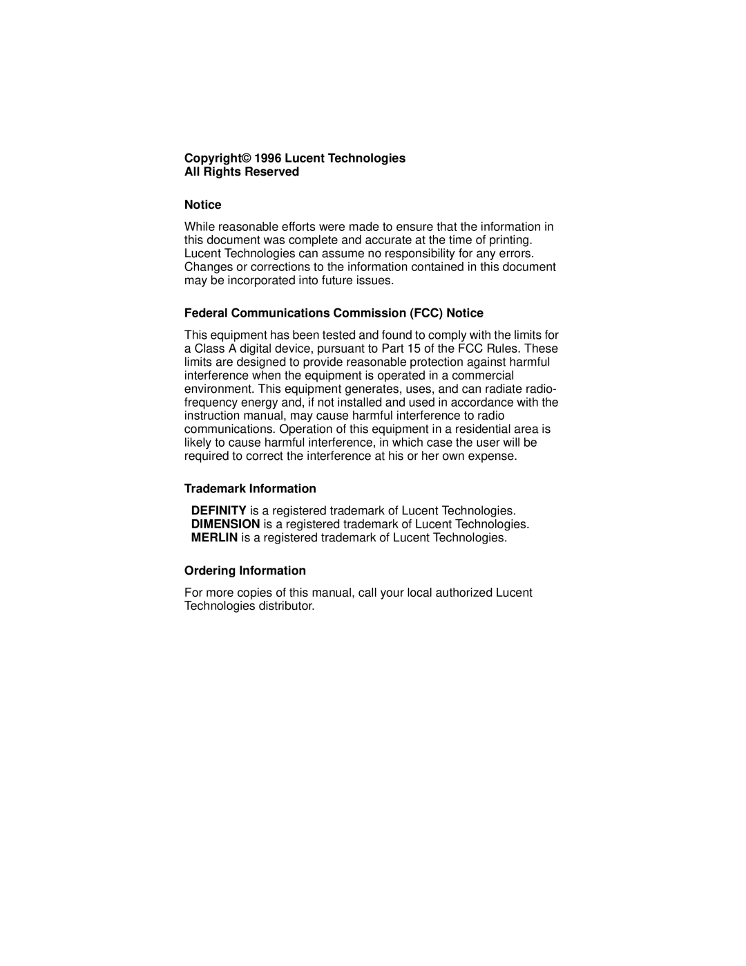 Avaya 9103 manual Copyright 1996 Lucent Technologies All Rights Reserved, Ordering Information 